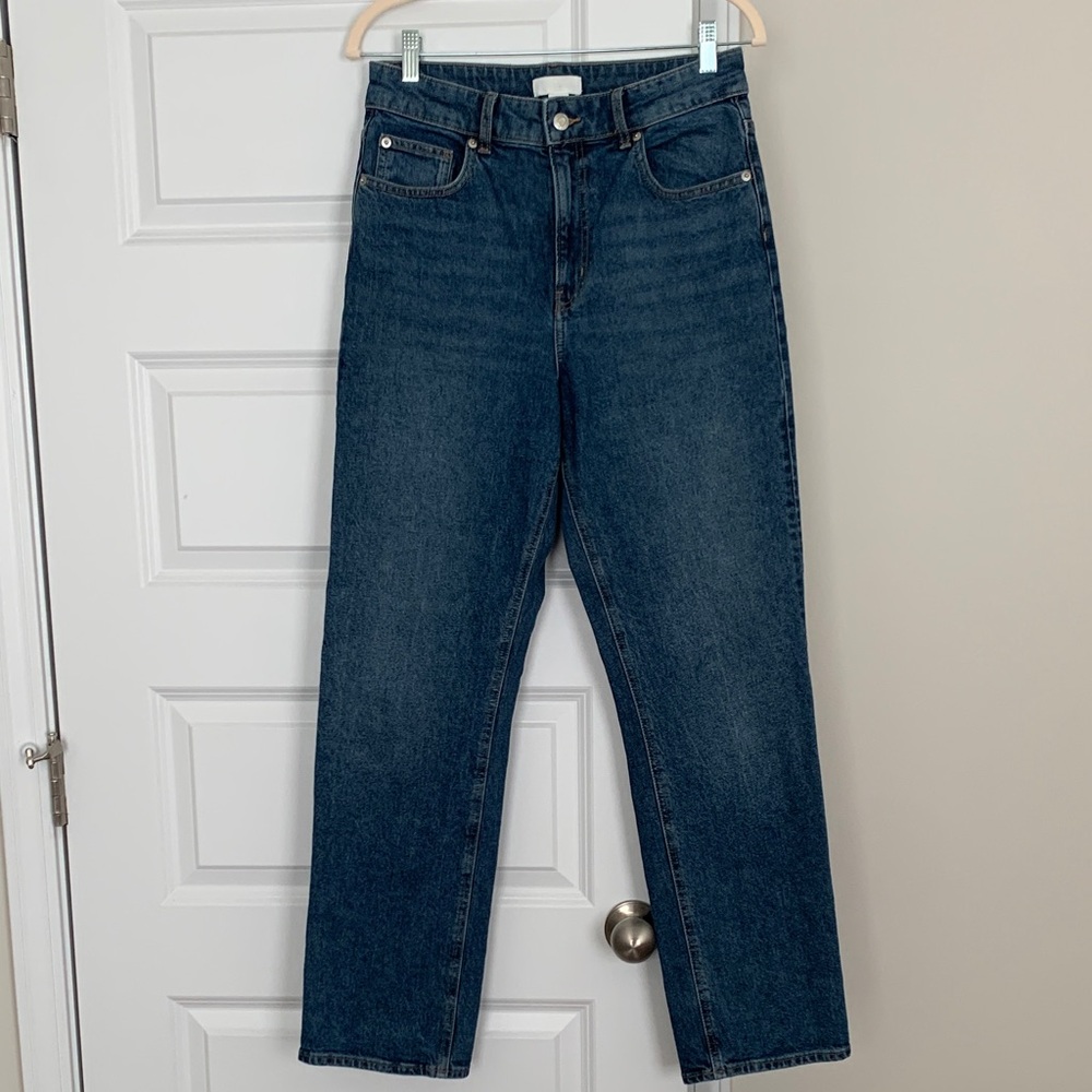 H&M Women's High Rise Straight Leg Jeans in Dark Blue Denim